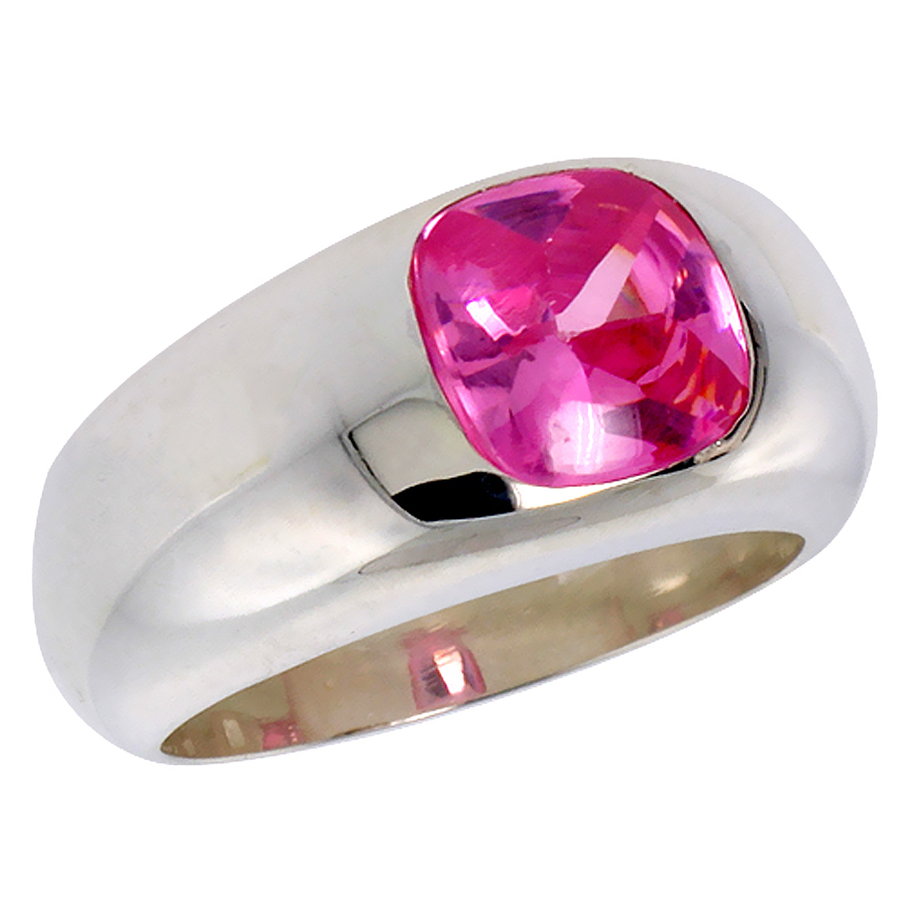 Sterling Silver Pink Tourmaline CZ Solitaire Ring 1.9 ct Cushion Cut, sizes 6 to 13