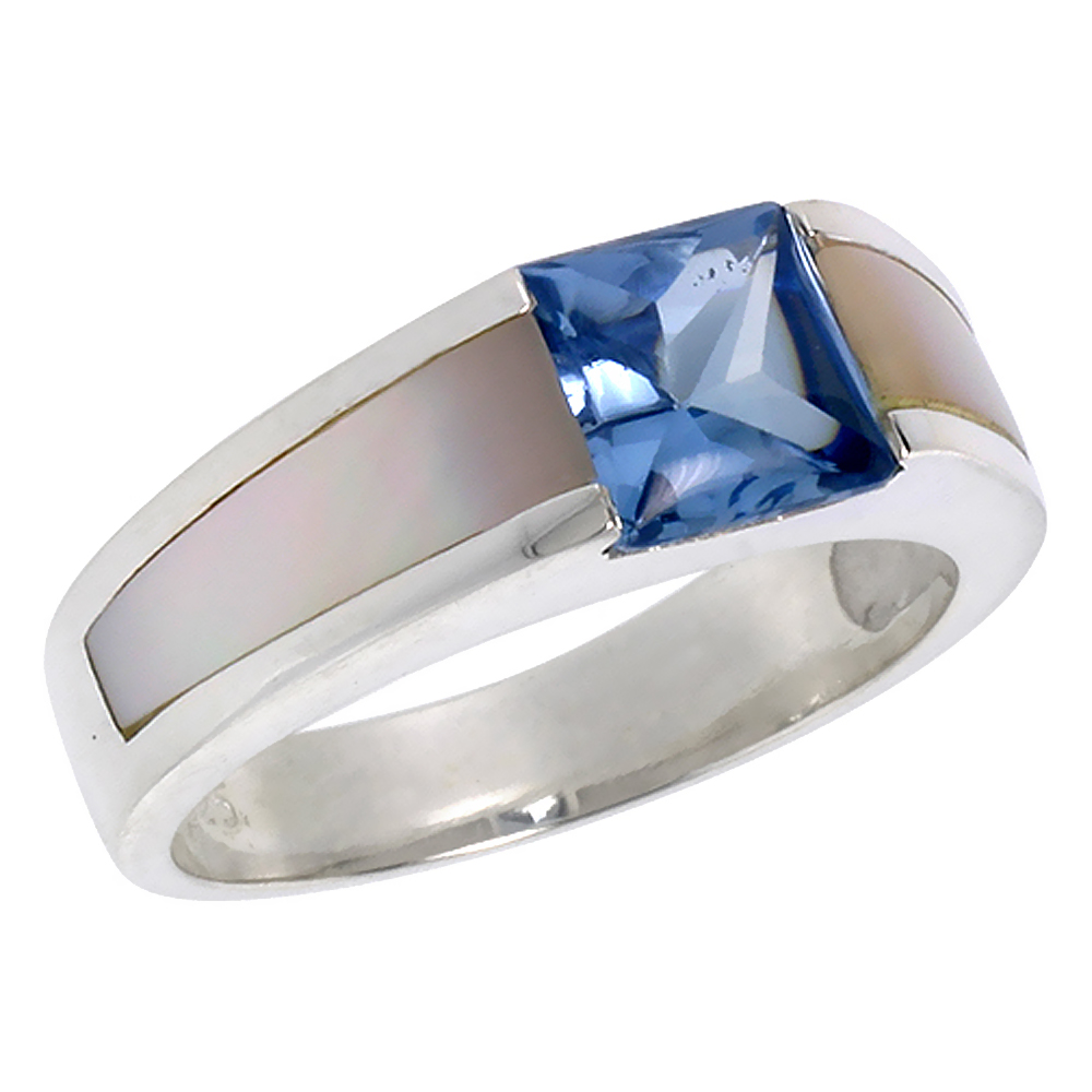Sterling Silver Blue Topaz CZ Solitaire Ring 2 ct Princess Cut Mother of Pearl sides, sizes 6 - 10