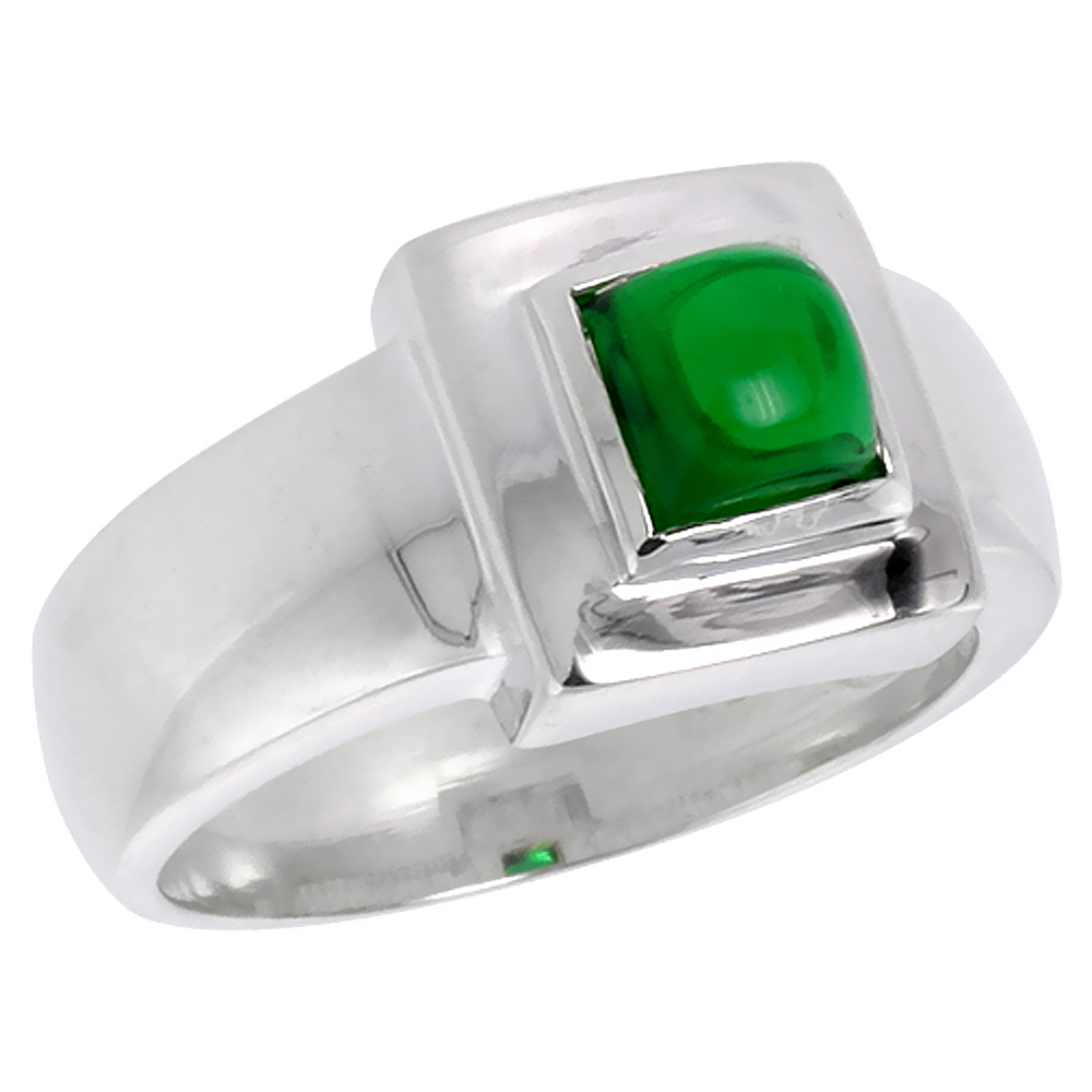 Sterling Silver Emerald CZ Solitaire Ring 3/4 ct size Cabochon, sizes 6 - 10