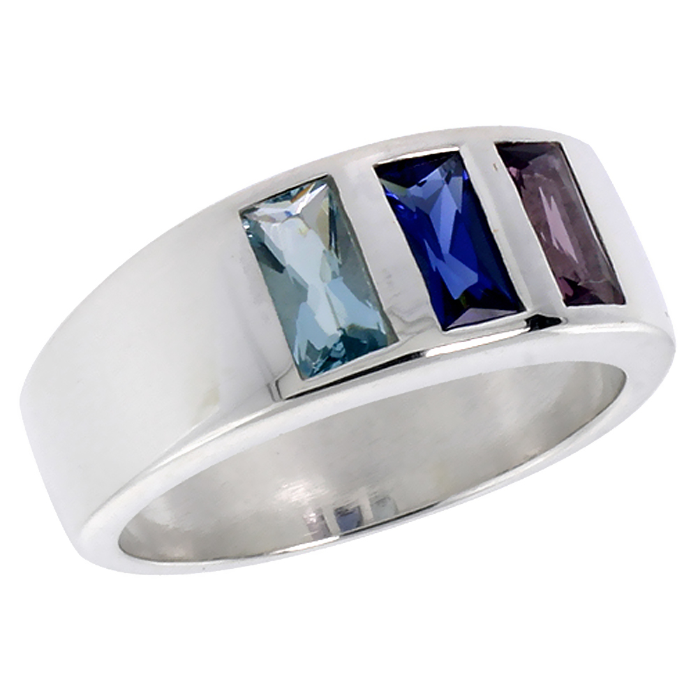 Sterling Silver Aquamarine Sapphire Amethyst CZ Band Ring Emerald cut, sizes 6 - 10
