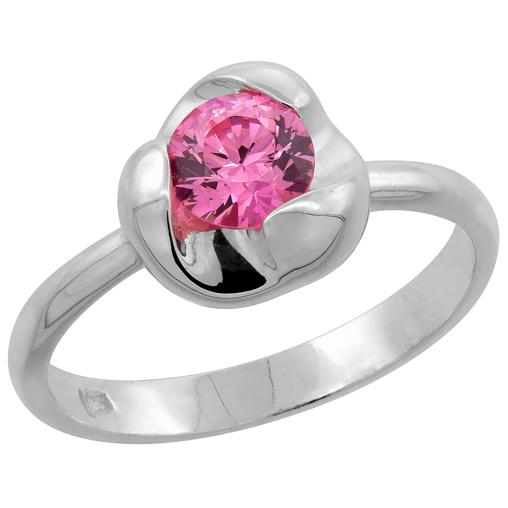 Sterling Silver Pink Tourmaline Cubic Zirconia Solitaire Ring Flower Setting, sizes 6 - 10