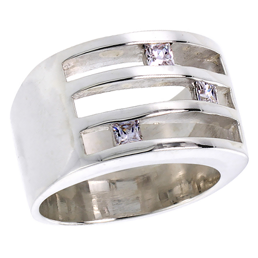 Sterling Silver Cubic Zirconia 3-stone Ring Princess cut 3-row � inch wide, sizes 6 - 10
