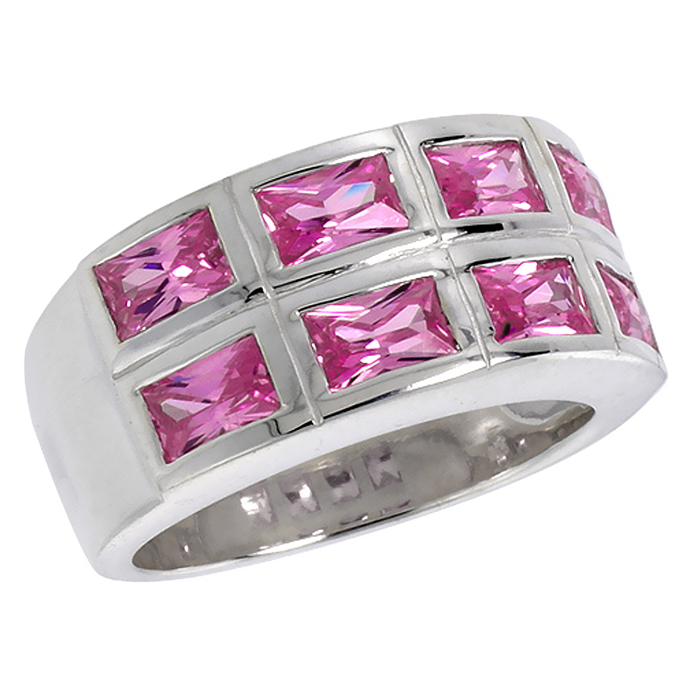 Sterling Silver Pink Tourmaline CZ Ring 2-Row Emerald Cut, sizes 6 - 10