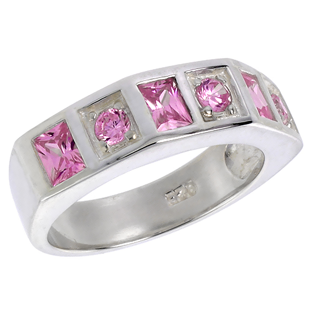 STERLING SILVER PINK TOURMALINE CZ RING FOR WOMEN ROUND & EMERALD CUT SIZES 6 - 10