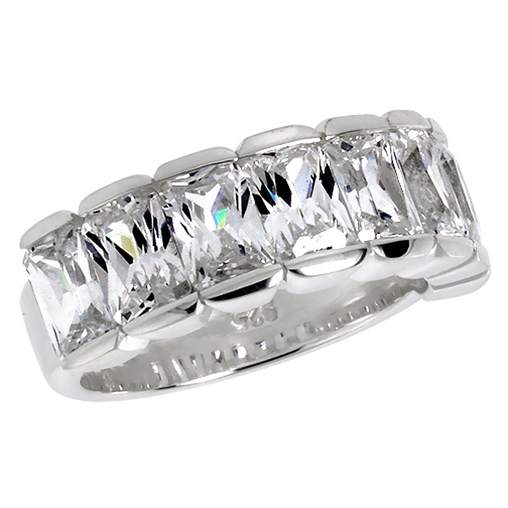 STERLING SILVER CUBIC ZIRCONIA WEDDING BAND EMERALD CUT 5/16 INCH SIZES 6 - 10