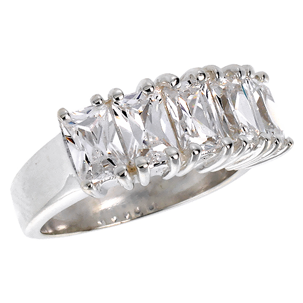STERLING SILVER CUBIC ZIRCONIA WEDDING BAND EMERALD CUT 5/16 INCH SIZES 6 - 10