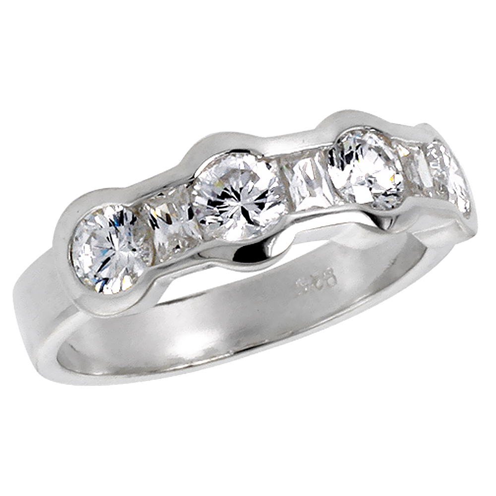 STERLING SILVER CUBIC ZIRCONIA WEDDING BAND BEZEL SET BRILLIANT CUT 1/4 INCH SIZES 6 - 10