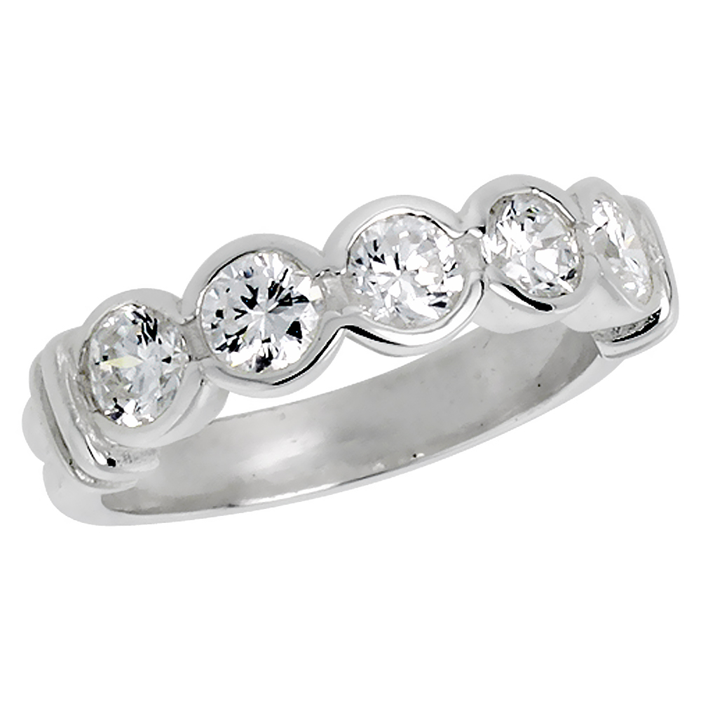 STERLING SILVER CUBIC ZIRCONIA WEDDING BAND BEZEL SET BRILLIANT CUT 3/16 INCH SIZES 6 - 10