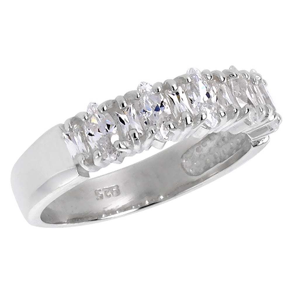 STERLING SILVER CUBIC ZIRCONIA WEDDING BAND MARQUISE CUT 3/16 INCH SIZES 6 - 10