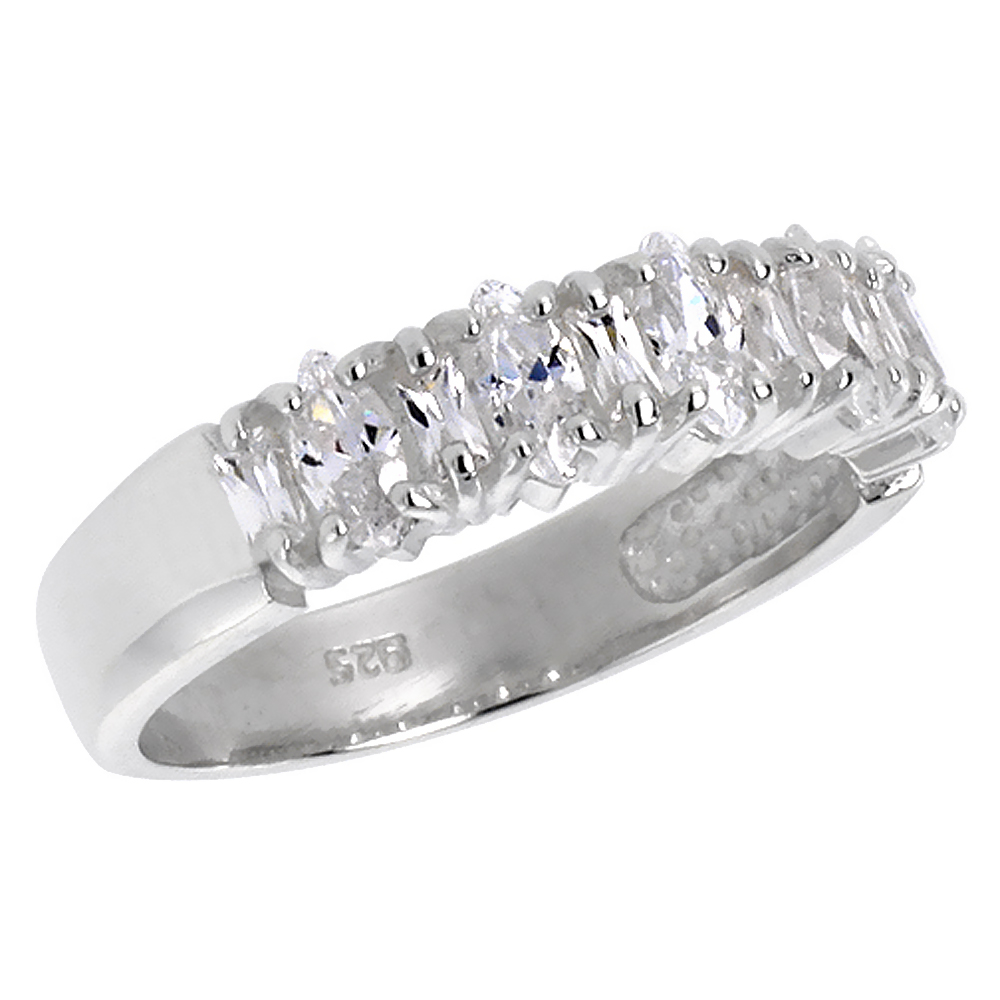 Sterling Silver Cubic Zirconia Wedding Band Marquise Cut 3/16 inch, sizes 6 - 10