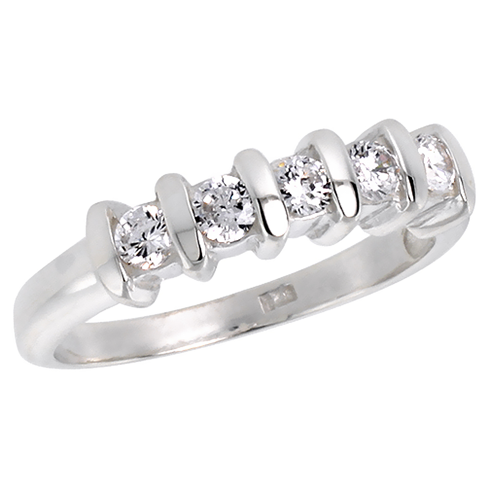 STERLING SILVER CUBIC ZIRCONIA WEDDING BAND BRILLIANT CUT 3/16 INCH SIZES 6 - 10