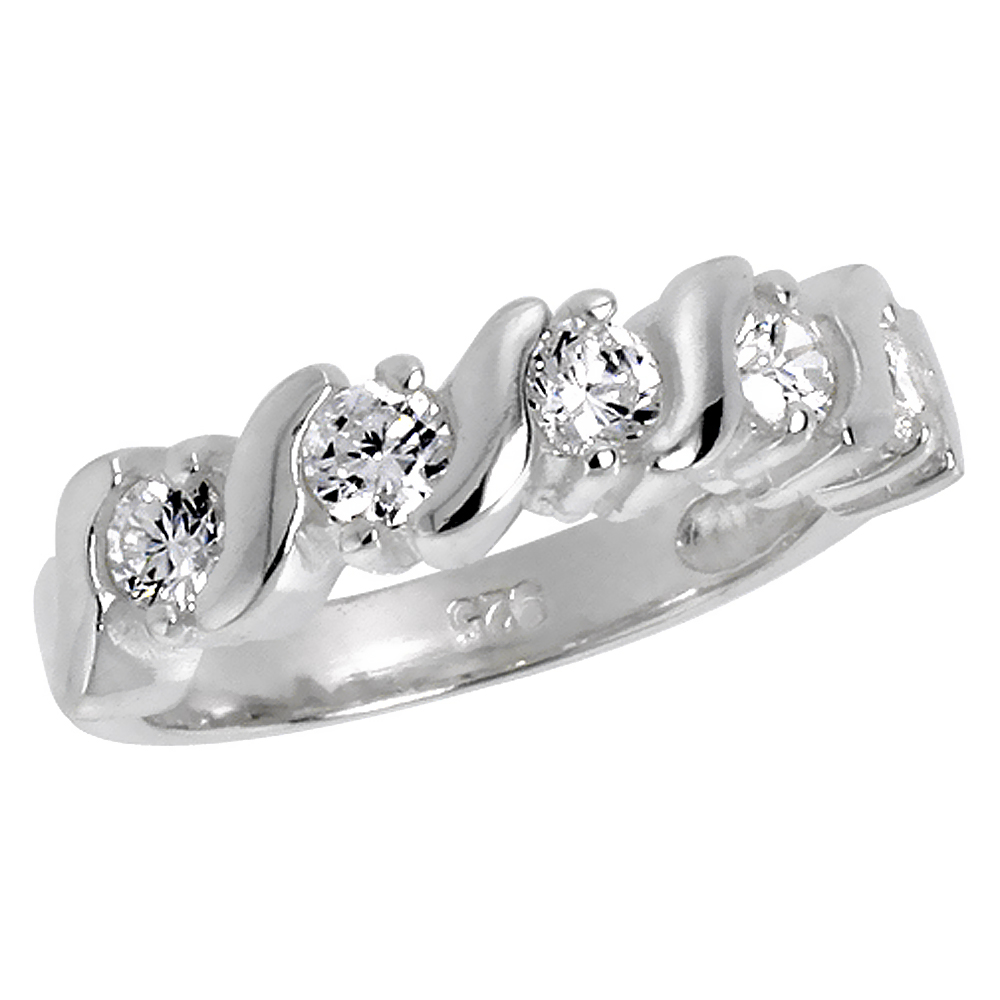 STERLING SILVER SWIRL DESIGN WEDDING BAND BRILLIANT CUT 1/4 INCH SIZES 6 - 10