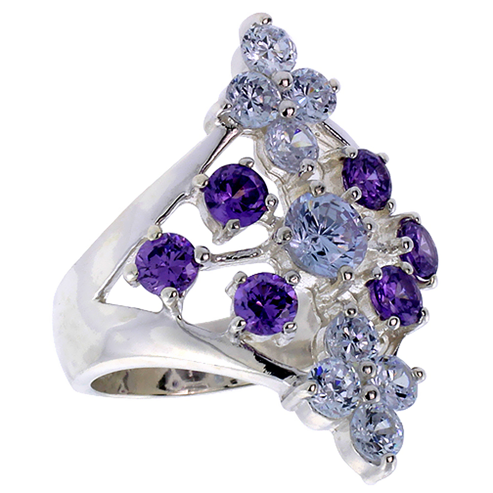 STERLING SILVER LADIES DIAMOND-SHAPED RIGHT HAND RING FOR WOMEN 1 1/8 INCH SIZES 6 - 10