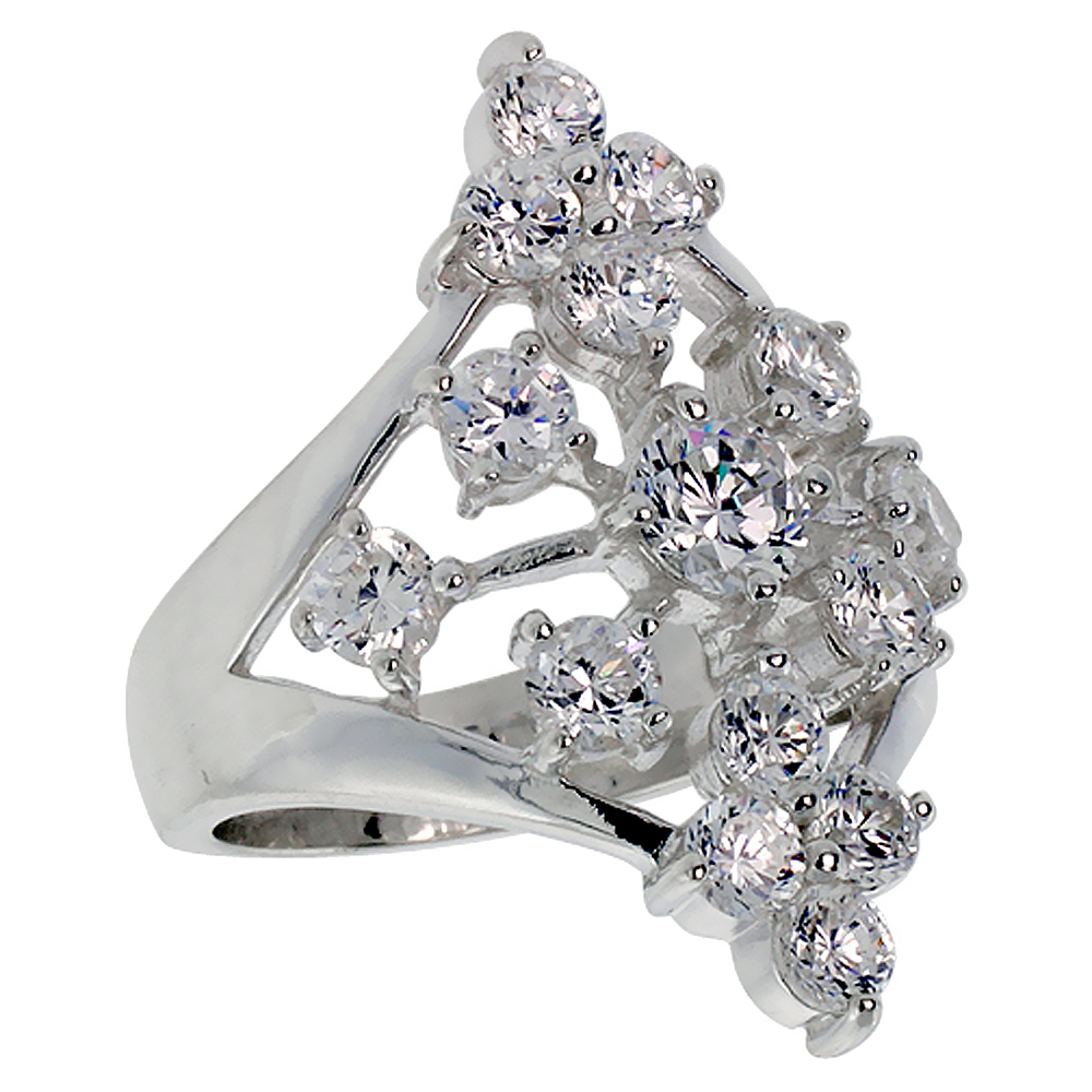 STERLING SILVER LADIES DIAMOND-SHAPED RIGHT HAND RING FOR WOMEN 1 1/8 INCH SIZES 6 - 10