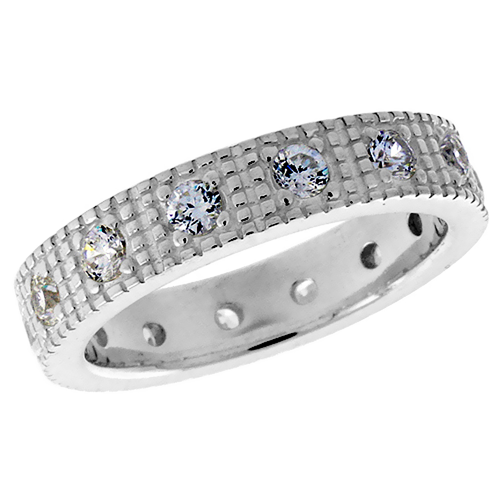 STERLING SILVER FANCY LADIES BAND BRILLIANT CUT 3/16 INCH SIZES 6 - 10