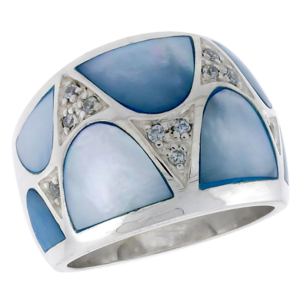 STERLING SILVER LADIES DOME BAND BLUE MOTHER OF PEARL & BRILLIANT CUT 5/8 INCH SIZES 6 - 10
