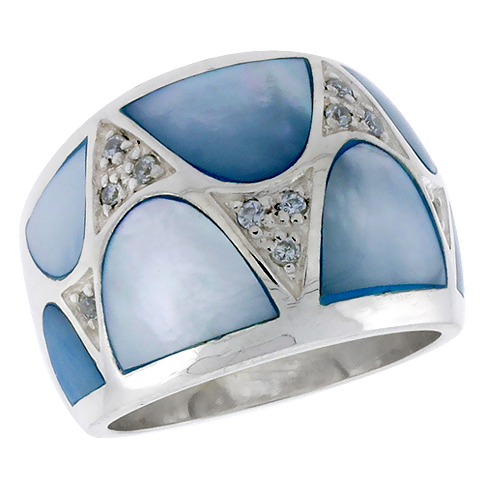 Sterling Silver Ladies Dome Band Blue Mother of Pearl & Brilliant Cut 5/8 inch, sizes 6 - 10