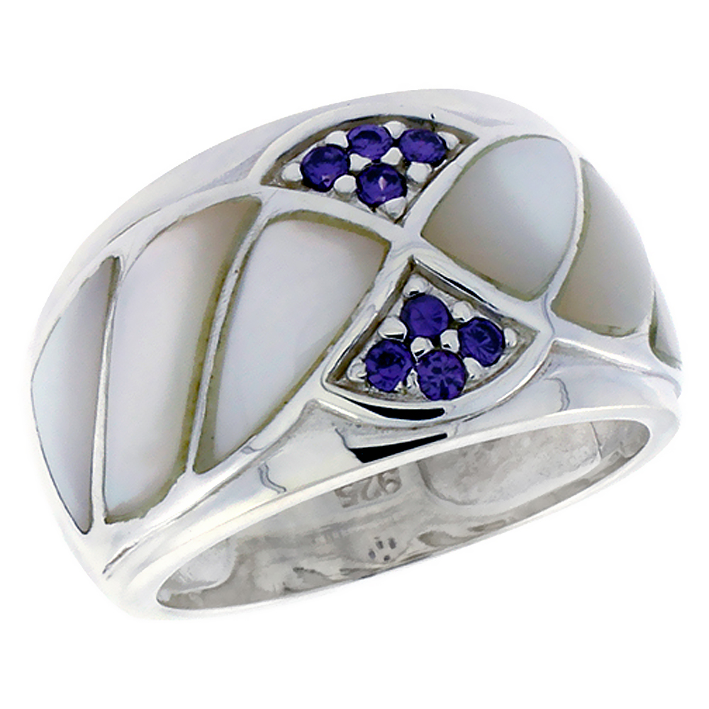 STERLING SILVER LADIES DOME BAND MOTHER OF PEARL &amp; BRILLIANT CUT AMETHYST-COLOR 1/2 INCH SIZES 6 - 10