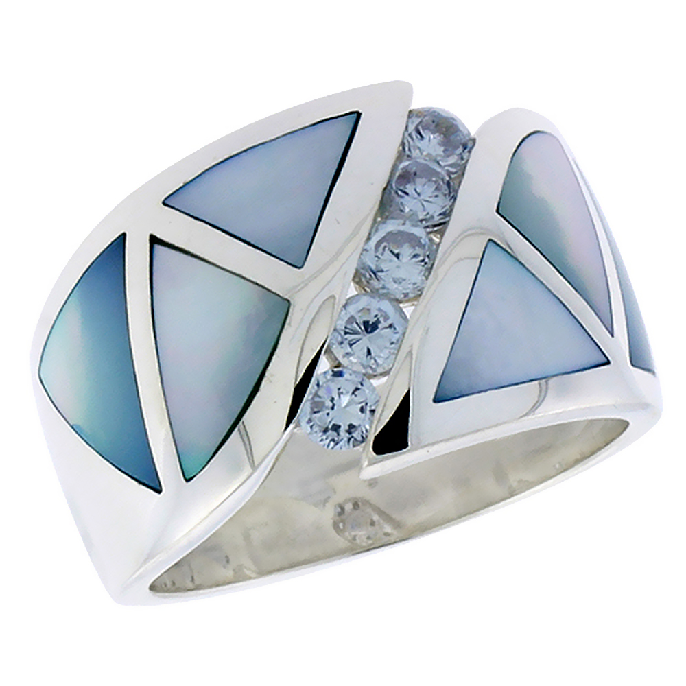 Sterling Silver Ladies Dome Band Blue Mother of Pearl &amp; Brilliant Cut Amethyst-Color 1/2 inch, sizes 6 - 10