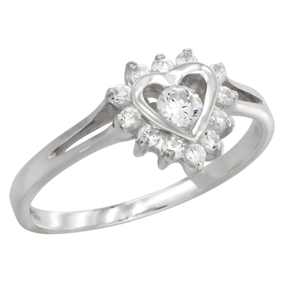 Sterling Silver Heart Cluster Stone Ring 3/8 inch, sizes 6 - 10