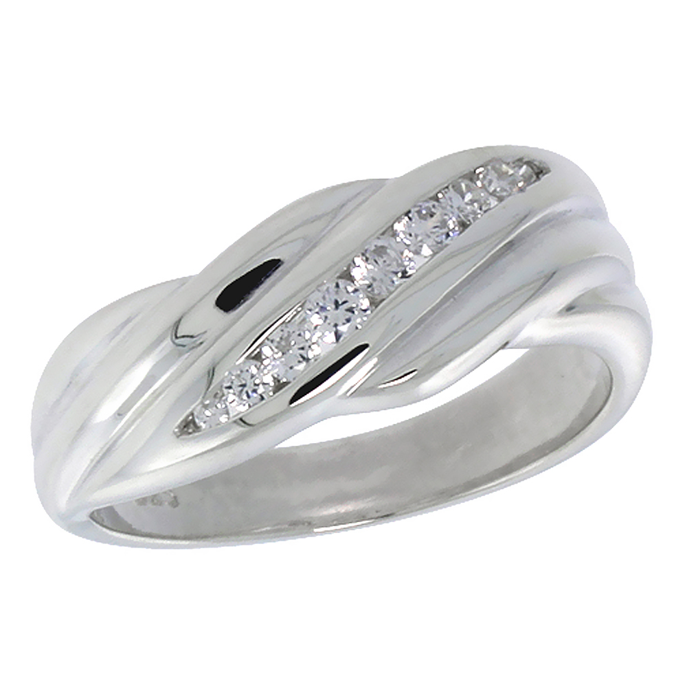 STERLING SILVER CUBIC ZIRCONIA WEDDING BAND BRILLIANT CUT 5/16 INCH SIZES 6 - 10