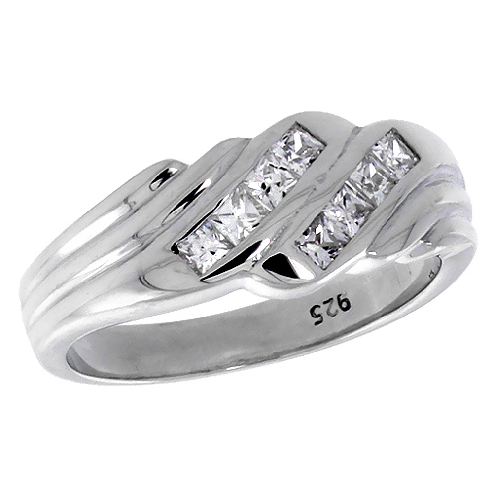 STERLING SILVER CUBIC ZIRCONIA WEDDING BAND BRILLIANT CUT 5/16 INCH SIZES 6 - 10