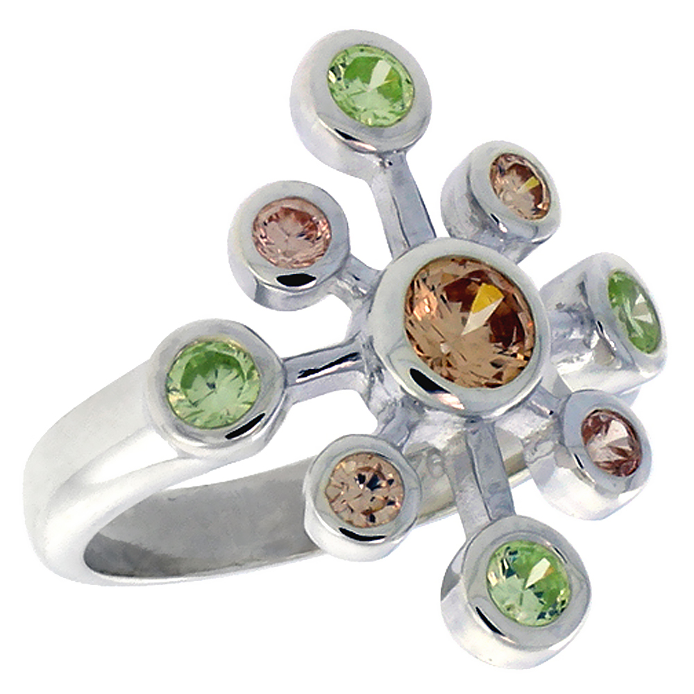 STERLING SILVER SNOWFLAKE RIGHT HAND RING FOR WOMEN PERIDOT & CITRINE-COLOR 7/8 INCH WIDE 7/8 INCH SIZES 6 - 10