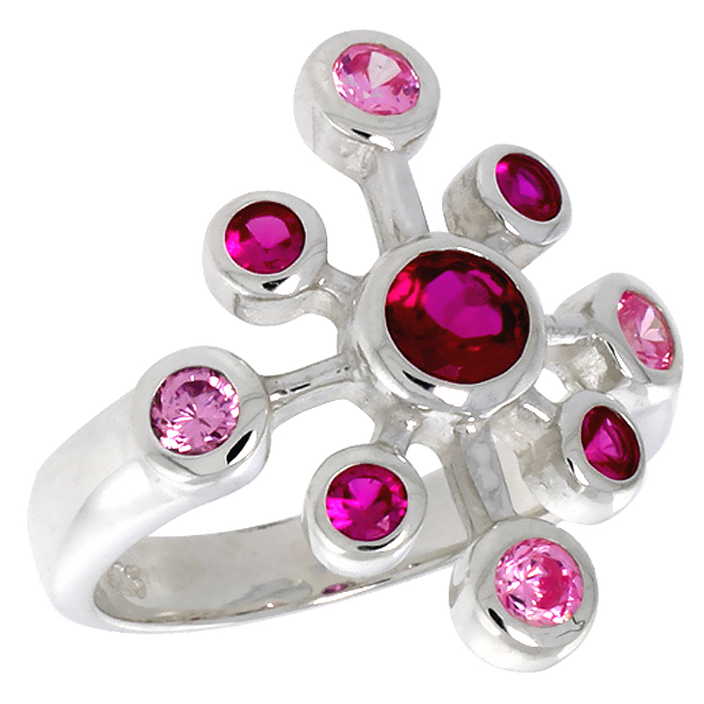 STERLING SILVER SNOWFLAKE RIGHT-HAND RING FOR WOMEN RUBY & PINK TOURMALINE-COLOR7/8 INCH WIDE 7/8 INCH SIZES 6 TO 10