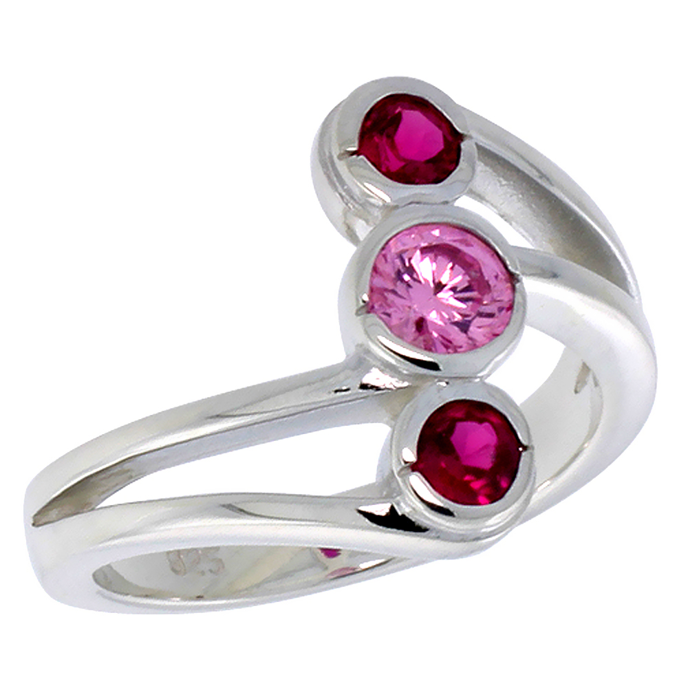 STERLING SILVER RED AND PINK CZ 3 STONE BYPASS RING FOR WOMEN 5/8 INCH FLAWLESS POLISHED FINISH SIZES 6 - 10