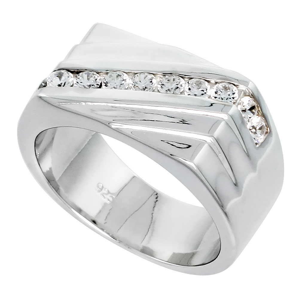 MENS STERLING SILVER CUBIC ZIRCONIA RECTANGULAR RING DIAGINAL CHANNEL SET FLAWLESS POLISHED FINISH SIZES 8 TO 13