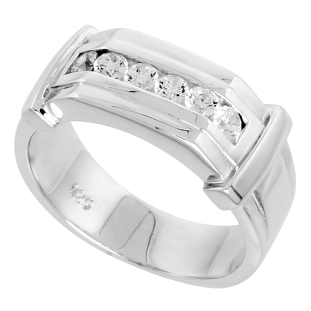 MENS STERLING SILVER CUBIC ZIRCONIA RECTANGULAR BAND RINGED SHANK CHANNEL SET FLAWLESS POLISHED FINISH SIZES 8 TO 13