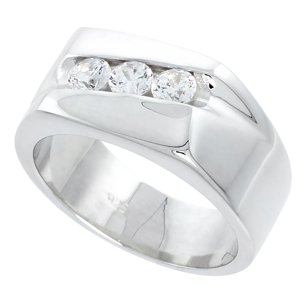 MENS STERLING SILVER CUBIC ZIRCONIA RECTANGULAR 3 STONE RING CHANNEL SET FLAWLESS POLISHED FINISH SIZES 8 TO 13
