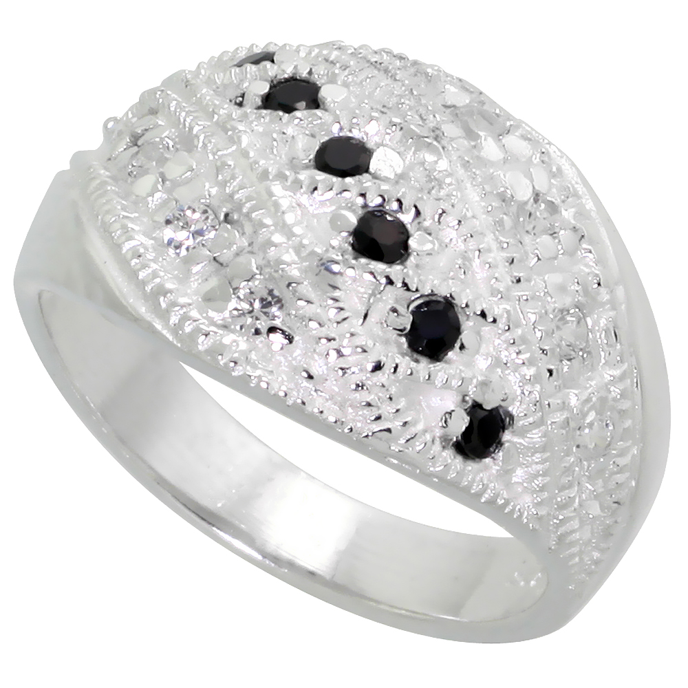 STERLING SILVER BLACK AND WHITE CZ DOME RING WOMEN FLAWLESS FINISH SIZES 6 - 10 1/2 INCH WIDE