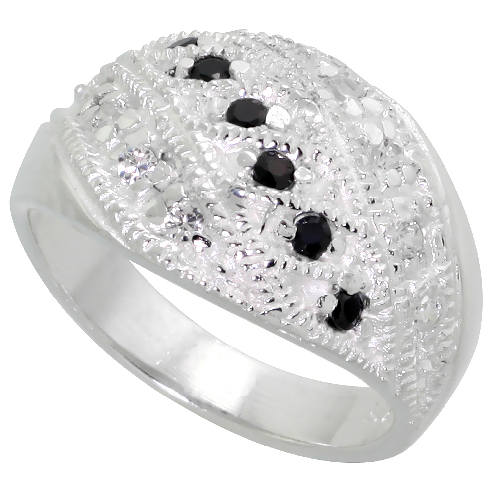 Sterling Silver Cubic Zirconia Dome Ring, Black &amp; White sizes 6 - 10, 1/2 inch wide