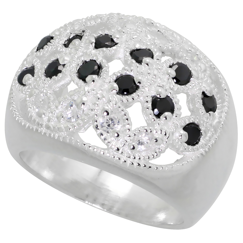 Sterling Silver Cubic Zirconia Dome Ring, Floral Designs of Black & White sizes 6 - 10, 5/8 inch wide