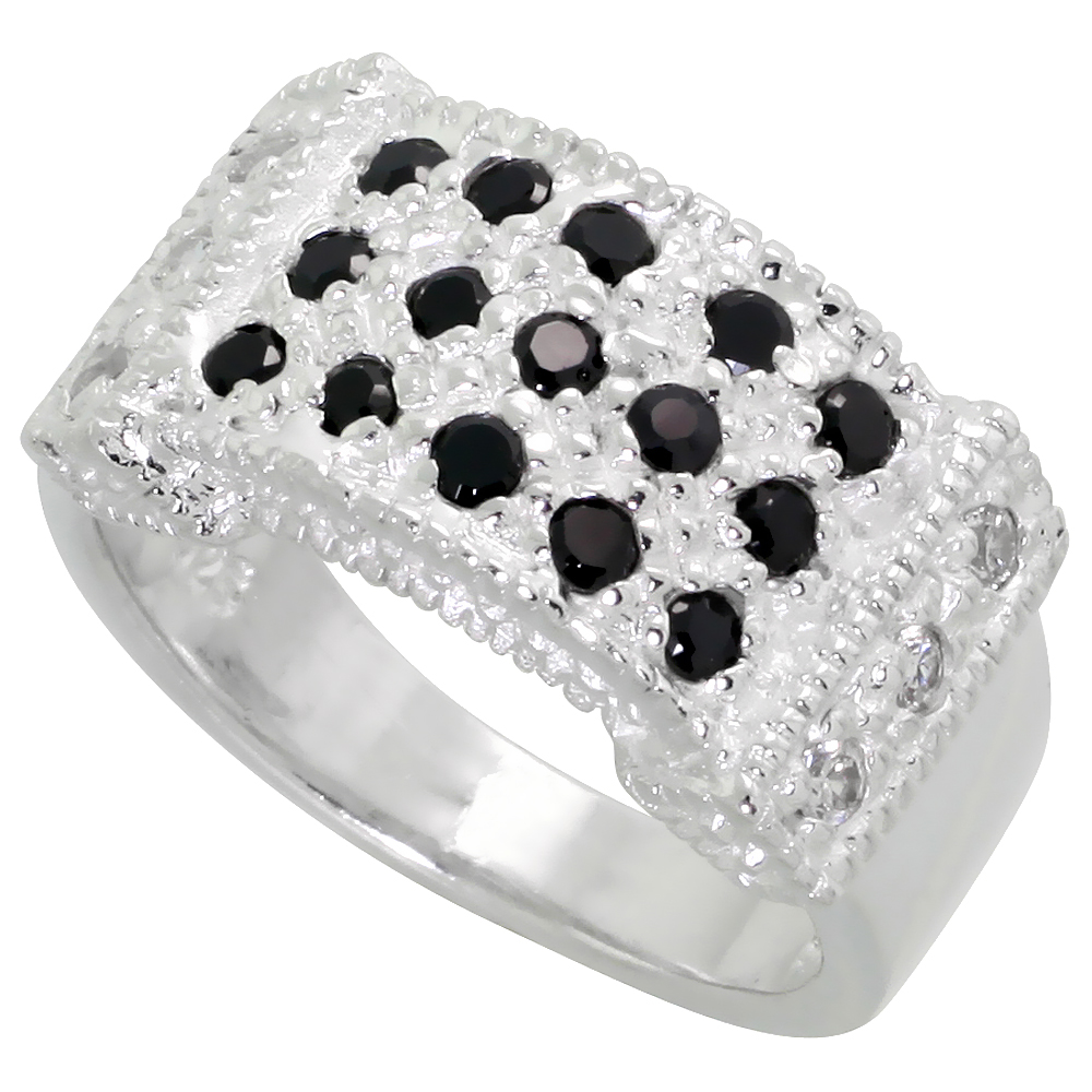 Sterling Silver Cubic Zirconia Rectangular Ring, Black &amp; White sizes 6 - 10, 3/8 inch wide