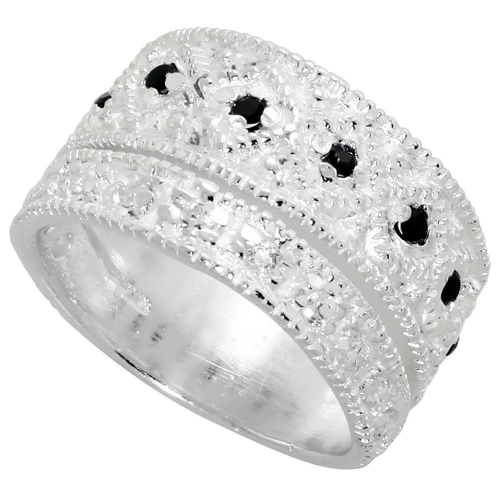 Sterling Silver Cubic Zirconia Band, Black &amp; White sizes 6 - 10, 1/2 inch wide