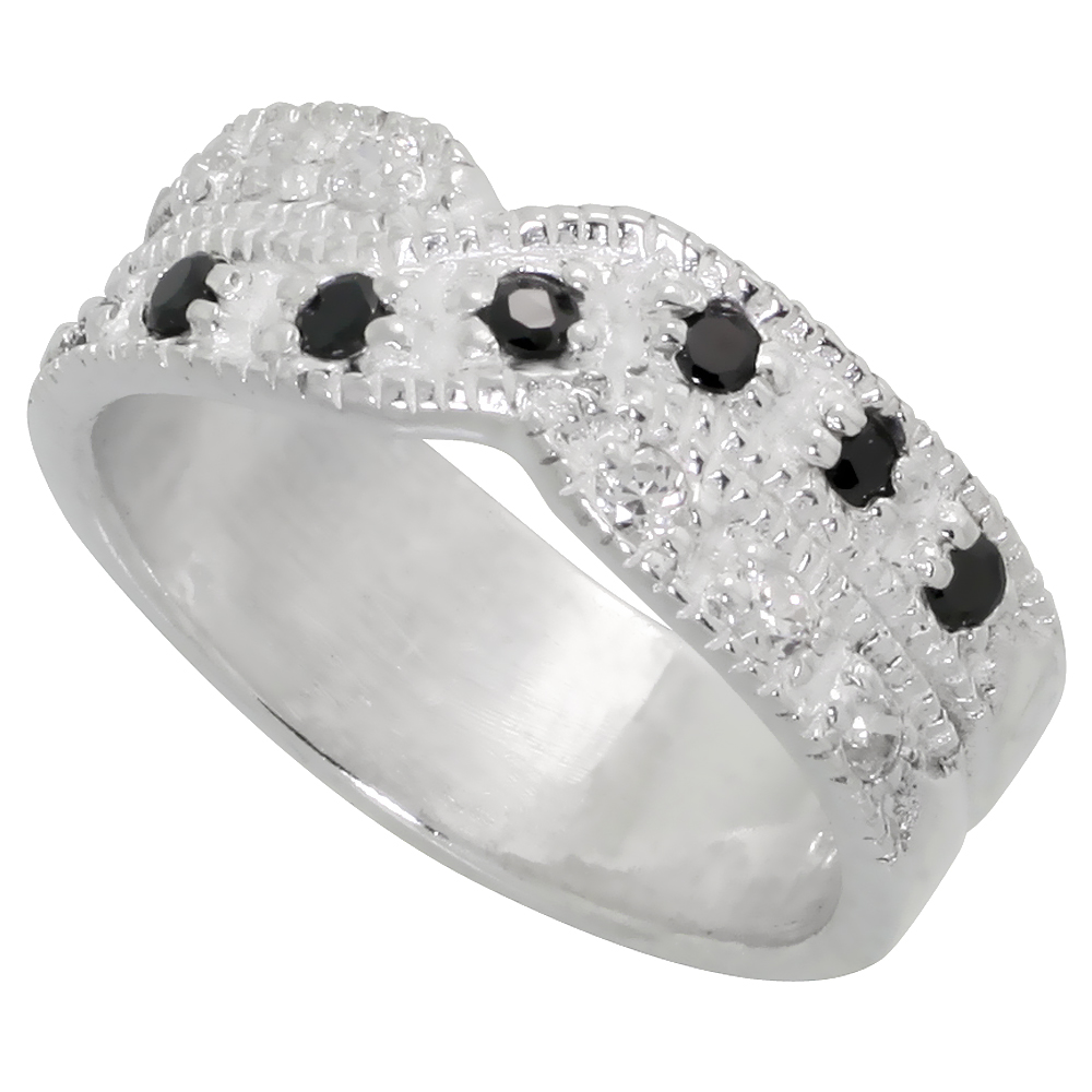 STERLING SILVER BLACK AND WHITE CZ CRISSCROSS RING WOMEN FLAWLESS FINISH SIZES 6 - 10 1/4 INCH WIDE