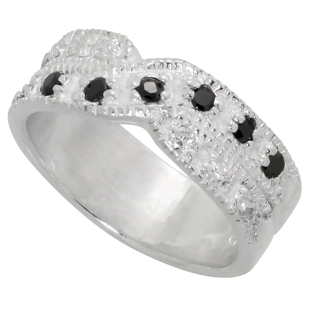 Sterling Silver Cubic Zirconia Crisscross Ring, Black & White sizes 6 - 10, 1/4 inch wide