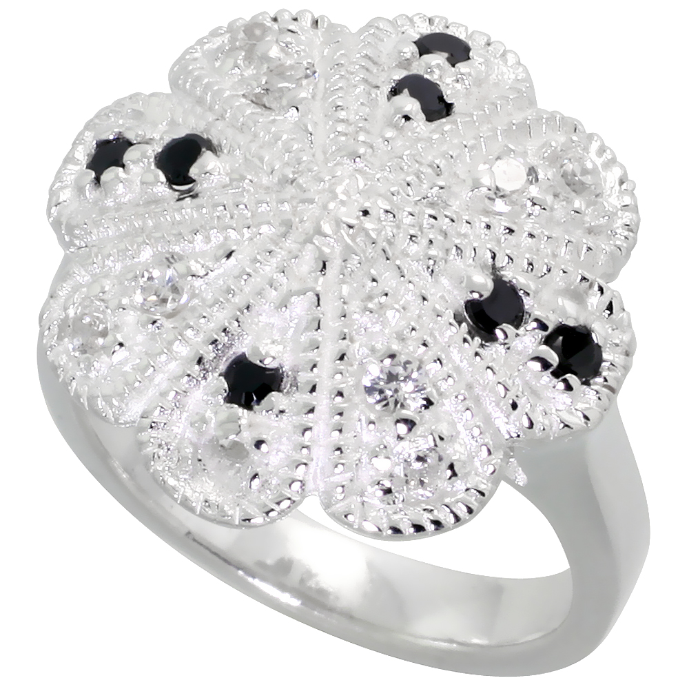 STERLING SILVER BLACK AND WHITE CZ FLOWER RING WOMEN FLAWLESS FINISH SIZES 6 - 10 3/4 INCH WIDE