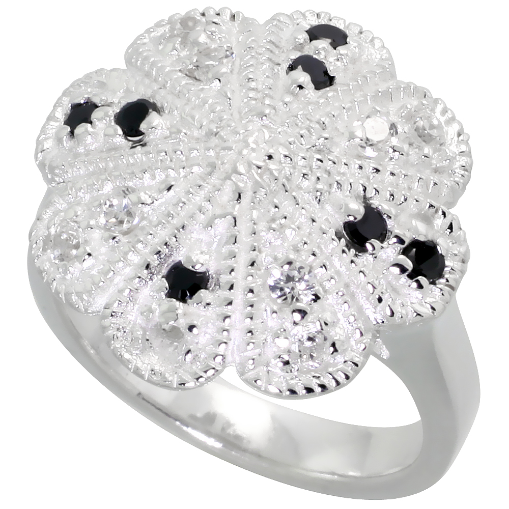 Sterling Silver Cubic Zirconia Flower Ring, Black & White sizes 6 - 10, 3/4 inch wide