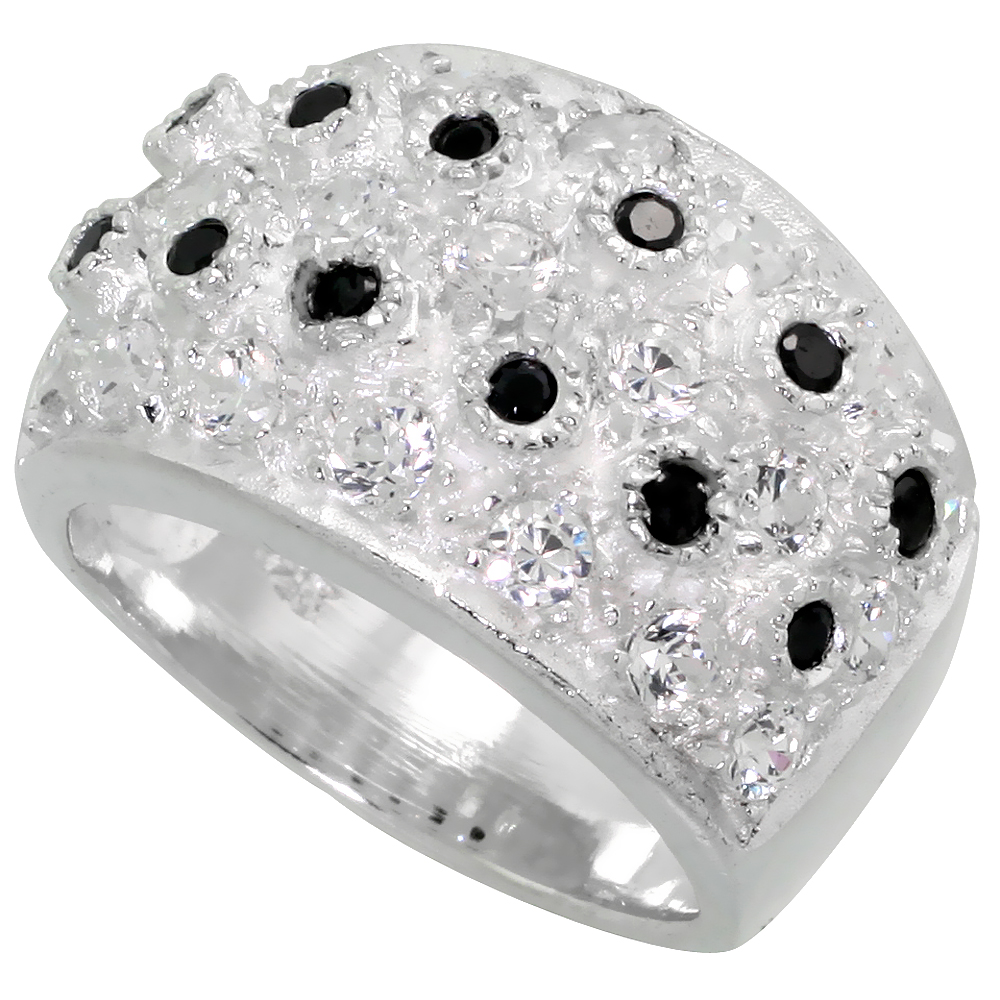 STERLING SILVER BLACK AND WHITE CZ DOME RING WOMEN FLAWLESS FINISH SIZES 6 - 10 1/2 INCH WIDE