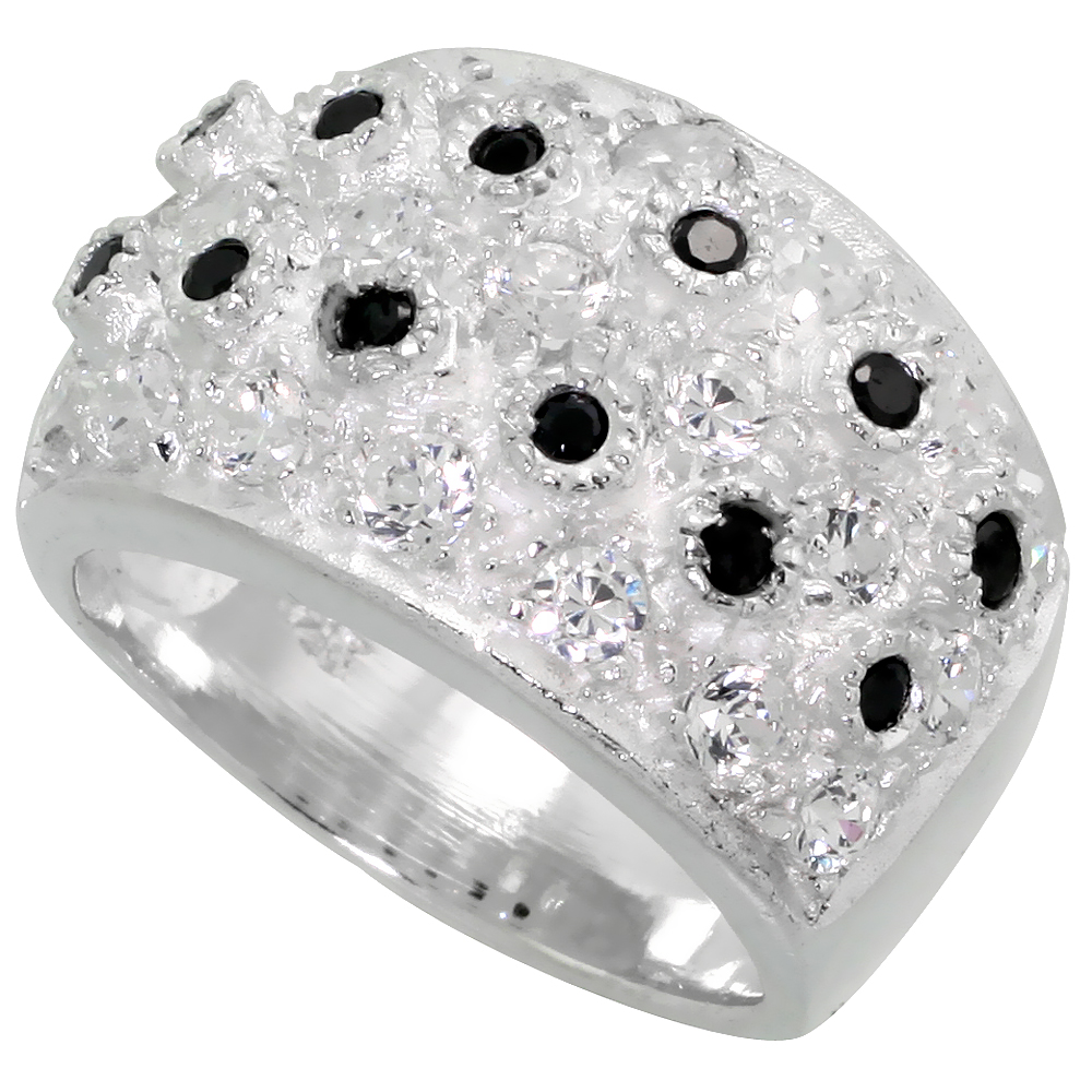 Sterling Silver Cubic Zirconia Dome Ring, Black & White sizes 6 - 10, 1/2 inch wide
