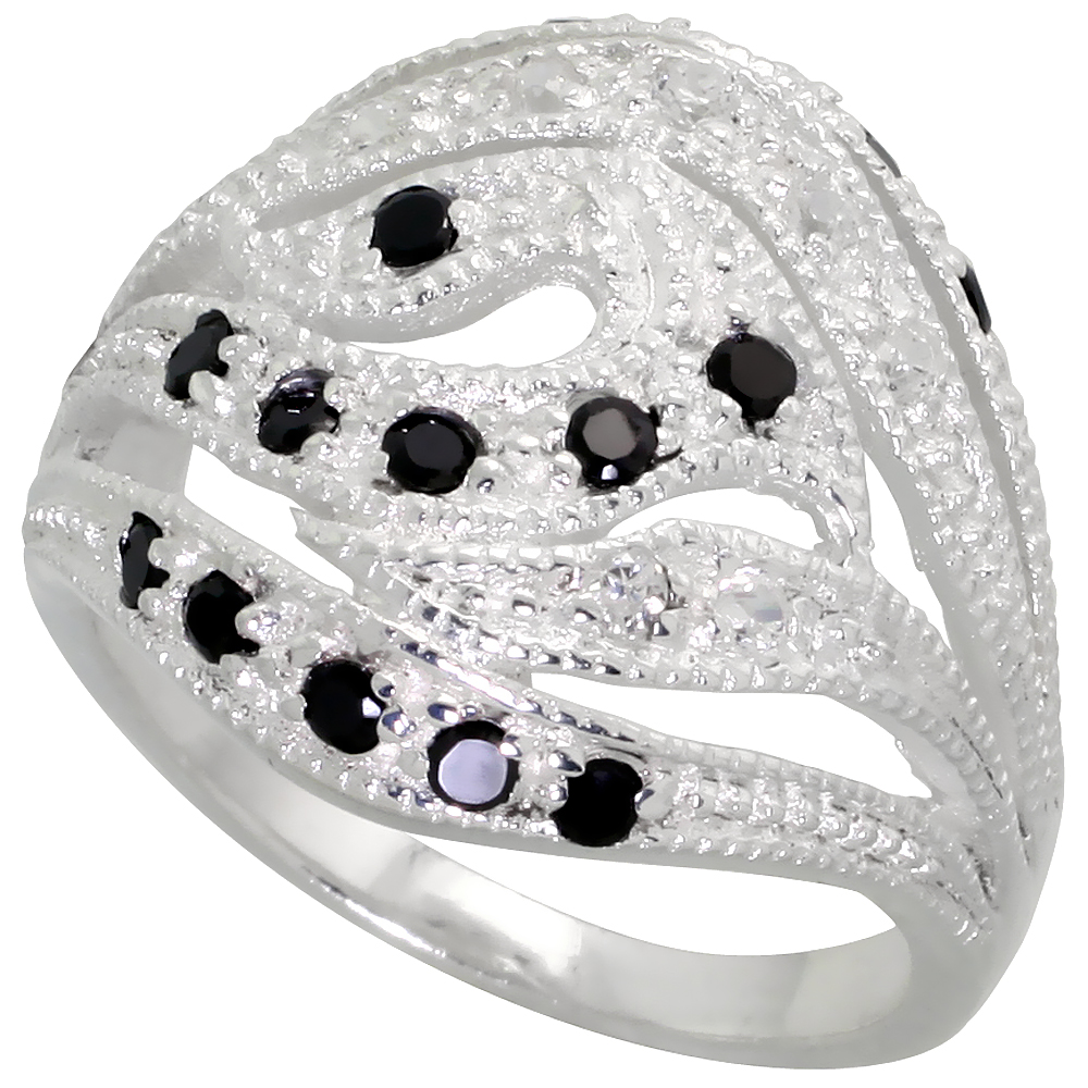 STERLING SILVER BLACK AND WHITE CZ FREEFORM RING WOMEN FLAWLESS FINISH SIZES 6 - 10 3/4 INCH WIDE
