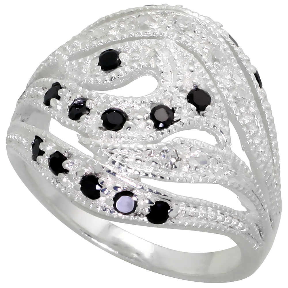 Sterling Silver Cubic Zirconia Freeform Ring, Black & White sizes 6 - 10, 3/4 inch wide