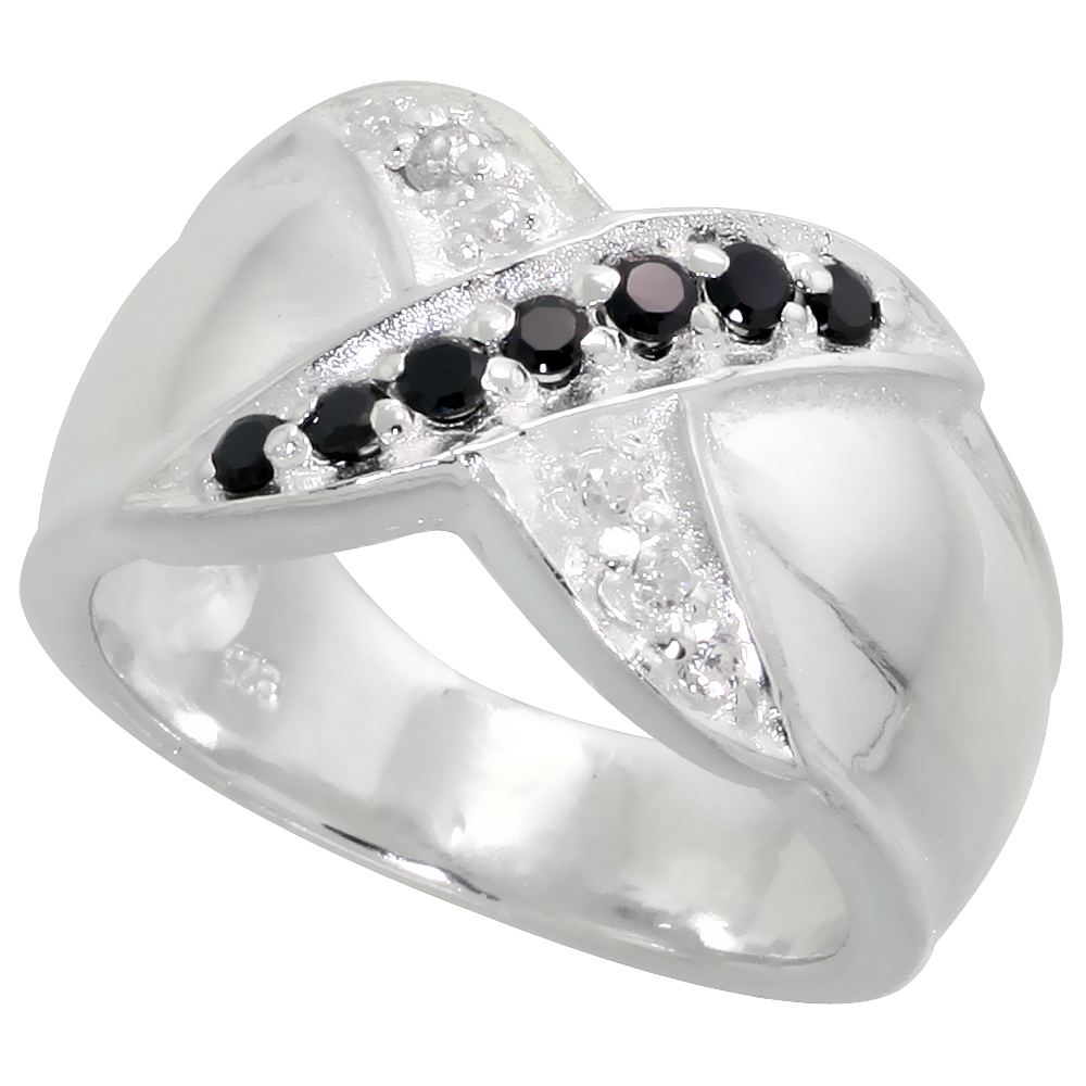 Sterling Silver Cubic Zirconia X Crisscross Band, Black &amp; White sizes 6 - 10, 1/2 inch wide