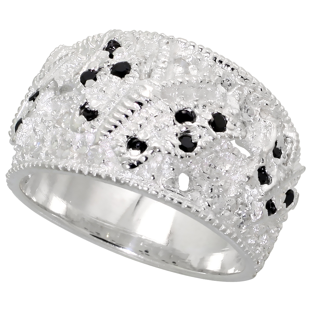 Sterling Silver Cubic Zirconia Butterfly Dome Band, Black &amp; White sizes 6 - 10, 1/2 inch wide