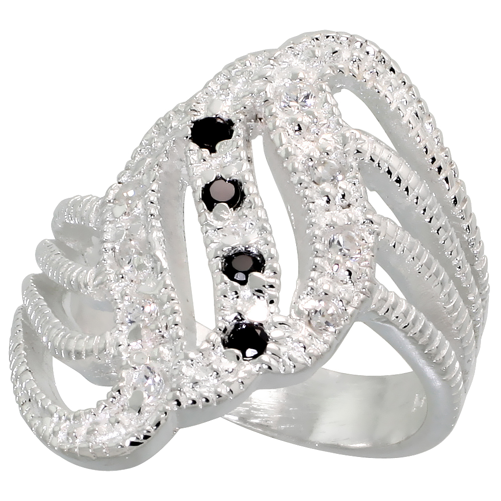 Sterling Silver Cubic Zirconia Fan-shaped Ring, Black & White sizes 6 - 10, 7/8 inch wide