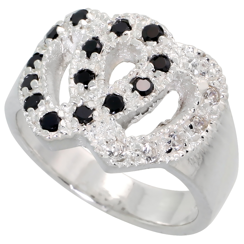 Sterling Silver Cubic Zirconia Double Heart Ring, Black &amp; White sizes 6 - 10, 1/2 inch wide