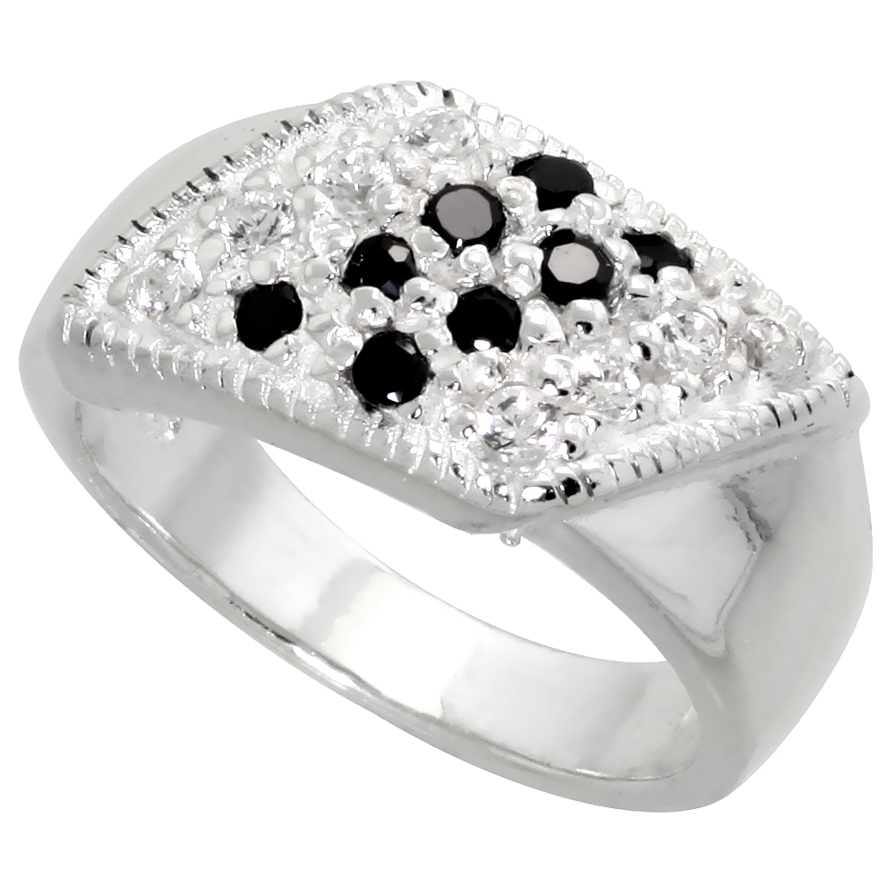 STERLING SILVER BLACK AND WHITE CZ RHOMBUS RING WOMEN FLAWLESS FINISH SIZES 6 - 10 3/8 INCH WIDE